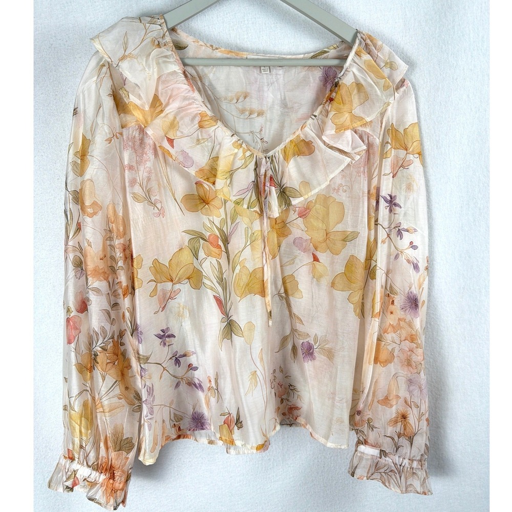 Lucky & Coco Floral Ruffle V-Neck Blouse Orange Yellow Sheer Tencel Top Sz L